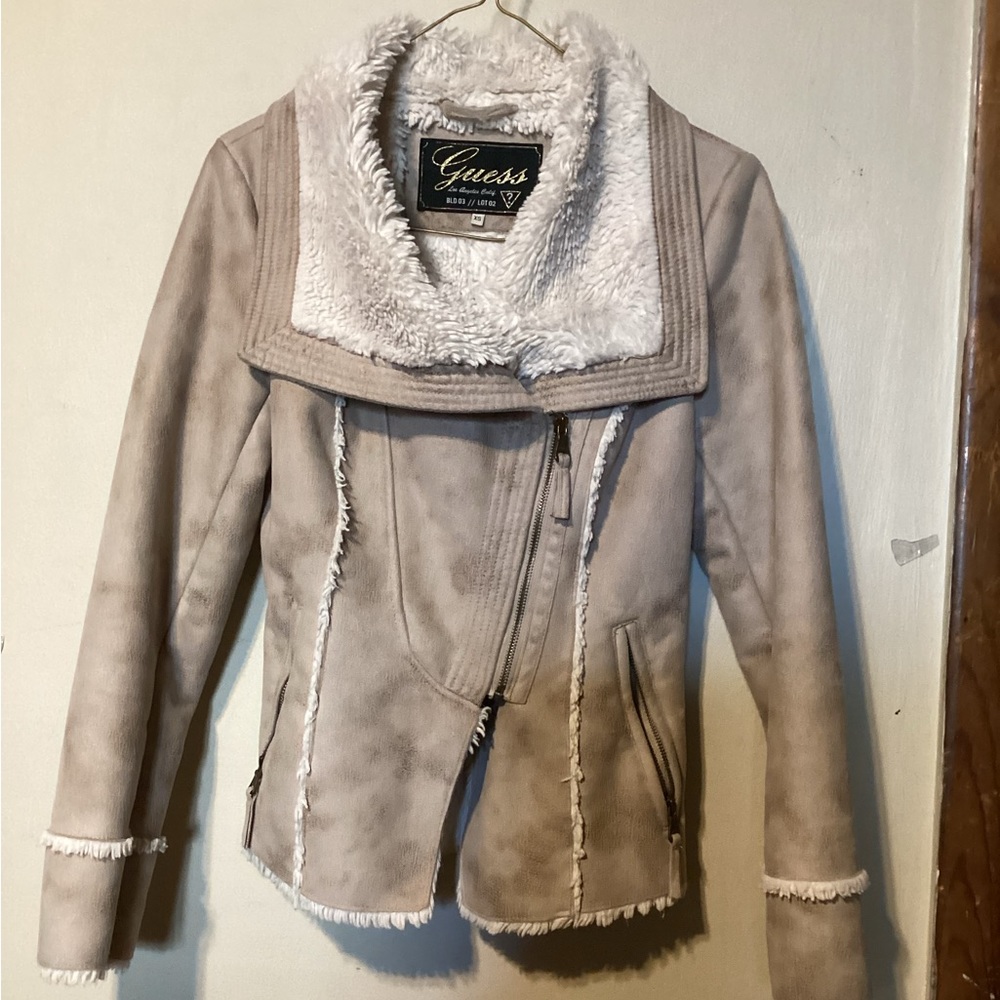 Women’s Guess Moto Style Faux Shearling Look Jacket. NWOT Size XS